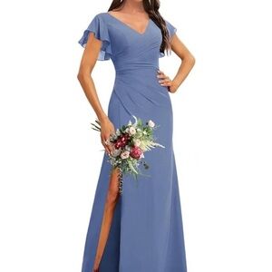 Chic Blue Maxi Dress with Flutter Sleeves
